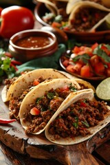 Canvas Print - Three Tacos With Meat and Vegetables on a Cutting Board