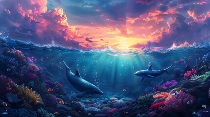 A beautiful painting of a coral reef with two dolphins swimming over it. The sun is setting in the background.