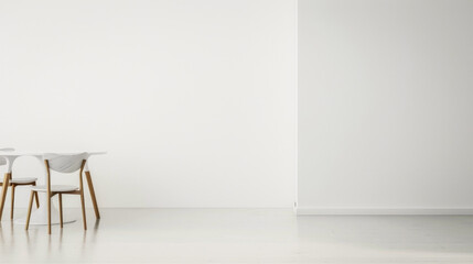 A white room with a table and two chairs. The room is empty and has a clean, minimalist look