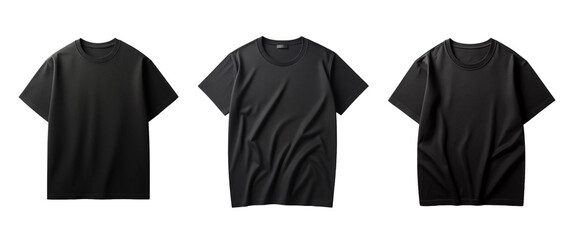 Set of black blank t-shirt front side isolated on transparent background. T-shirt mockup presentation for print