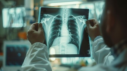 Poster - Radiologist marking X-ray film, bones revealed, close up, precision in diagnosis, sharp focus 