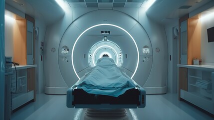 Poster - CT scanner rotating, patient's passage through, close up, circle of technology, ambient clinical light
