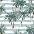 Watercolor seamless pattern.Tropical print with  palm trees. Jungle summer striped  background