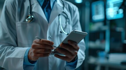 Poster - Resident doctor consulting medical app, digital age diagnosis, close up, touch of innovation, ambient light 