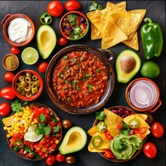 Wall Mural - Table Set With Assorted Mexican Food Bowls and Salsa