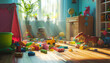 colorful assortment of toys scattered on a sunlit playroom floor, capturing the whimsy and joy of childhood