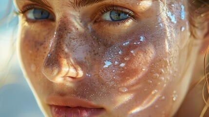 Poster - Applying sunscreen on face, protection layer, close up, defense against sun, bright daylight