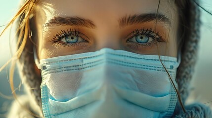 Canvas Print - Medical mask on face, barrier of protection, close up, personal health armor, natural light 