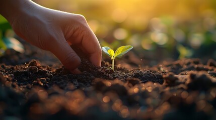 Sticker - Hand planting a tree, growth for health, close up, nurturing nature, vibrant soil, morning light 