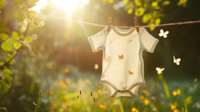 A cute baby onesie hanging on a clothesline in the sunshine, with small butterflies fluttering around