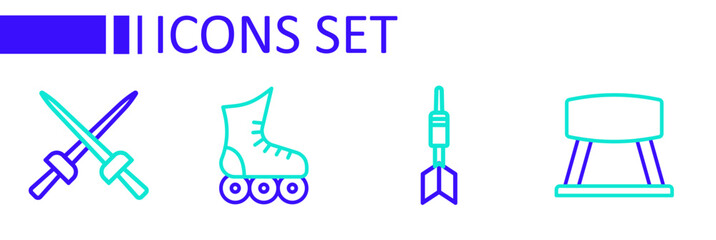 Canvas Print - Set line Pommel horse, Dart arrow, Roller skate and Fencing icon. Vector