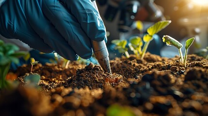 Soil sample analysis, earth's wellbeing, close up, discovery in dirt, focused exploration, lab light 