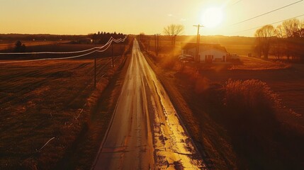 Wall Mural - Sunset over a rural highway with warm golden light casting long shadows across the road.