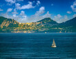 Sailing past the resort island of Capri, Bay of Naples (Napoli), Campania, Italy.