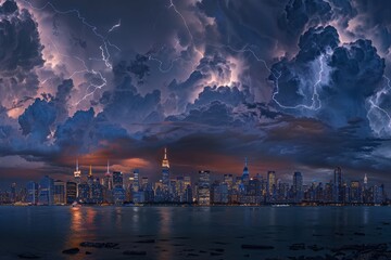 Wall Mural - A city skyline illuminated by numerous lightning strikes against a backdrop of dark storm clouds