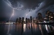 City skyline at night with numerous lightning strikes cutting through the sky, creating a dramatic and electrifying scene
