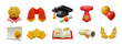 © Anastasiia - Student graduation ceremony 3D icons collection. Three dimensional education awards and wisdom symbols minimal vector objects and elements set isolated on white background.