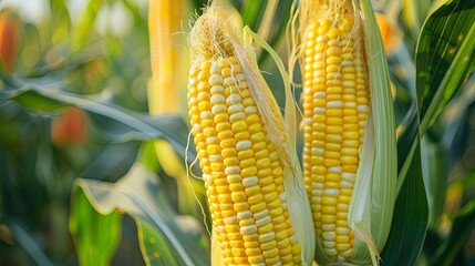 Wall Mural - Close-up of ripe corn cobs ready for picking, highlighting the essence of abundance and prosperity in agricultural endeavors.