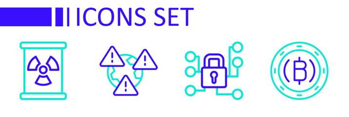 Sticker - Set line Cryptocurrency coin Bitcoin, Cyber security, Earth with exclamation mark and Radioactive waste barrel icon. Vector