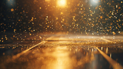 Gymnastics floor with sparkling gold particles floating gracefully against a softly blurred canvas, capturing the artistry and athleticism of gymnasts performing routines.