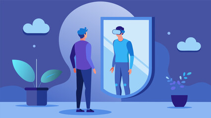 Wall Mural - A person standing in front of a mirror but instead of their own reflection they see a virtual representation of themselves that appears more calm.