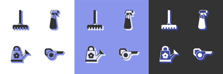 Poster - Set Leaf garden blower, Garden rake, Watering can and sprayer for water icon. Vector