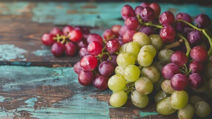 Wall Mural - Bunch of red and green grapes arranged artistically on a rustic wooden table, showcasing farm-fresh produce.
