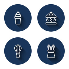 Sticker - Set line Ice cream in waffle, Attraction carousel, Hot air balloon and Magician hat and rabbit ears with long shadow. Blue circle button. Vector