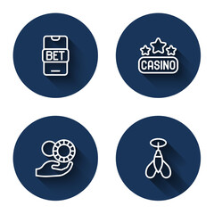 Canvas Print - Set line Online sports betting, Casino signboard, Hand holding casino chips and Dart arrow with long shadow. Blue circle button. Vector