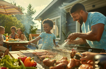 Wall Mural - A family is having an outdoor barbecue on the deck of their home
