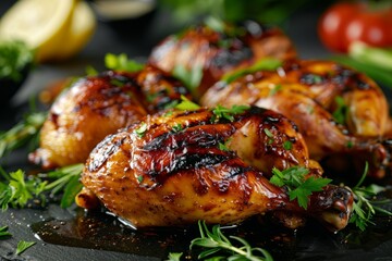 Wall Mural - A close-up view of a plate of food featuring succulent grilled chicken coated in honey sauce, showcasing its textures and savory aroma