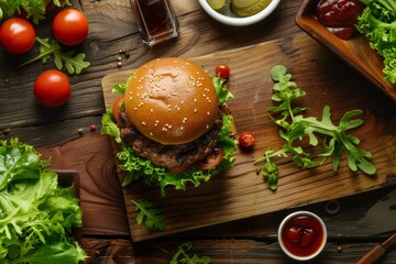 Wall Mural - A gourmet beef hamburger served on a wooden cutting board surrounded by vibrant salad