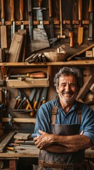 Craftsman in Workshop. A proud carpenter grins. surrounded by wooden creations in his workshop. with tools neatly arranged on shelves. emphasizing artisanal skill and craftsmanship.