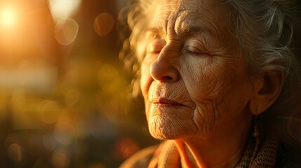 Wall Mural - Senior practicing meditation, tranquility in age, close up, peaceful wisdom, serene morning light 