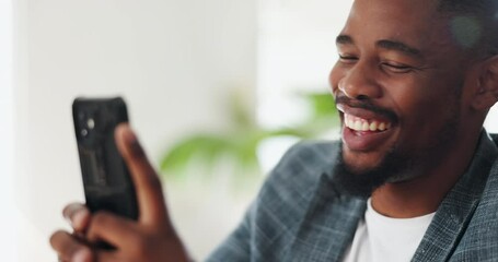 Canvas Print - African man, phone and video call for remote work conversation, planning and communication at home. Happy worker, trader or freelancer chat, talking or watch on mobile app for contact and networking