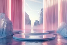 Chic 3D Podium Scene Set Amidst A Calm Water Pond And Delicate Ice Curtains In Soothing Pastel Colors, Designed For A Minimal And Aesthetic Product Presentation
