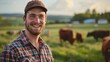 © Emil - Farming, confidence and cows and portrait of man with smile on field, happy farm in countryside with dairy and beef production. Nature, meat and milk farmer, sustainable business in food industry