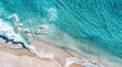 Birds eye view, top view of tropical turquoise blue sea, ocean, clean water, beach, sand, island coast. Concept of Caribbean holiday summer vacation paradise shore seascape.