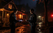 Two police officers standing in front of house at night. Generative AI