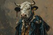 Cow in a medieval costume with horns on a grunge background