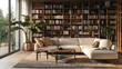 A simple modern living room with bookshelves and beige sofa