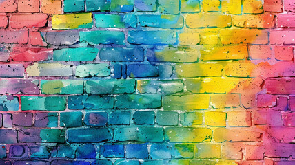 Wall Mural - Colorful rainbow watercolor brick wall background. Vibrant rainbow colors. Beautiful colorful brick wall with copy space for design