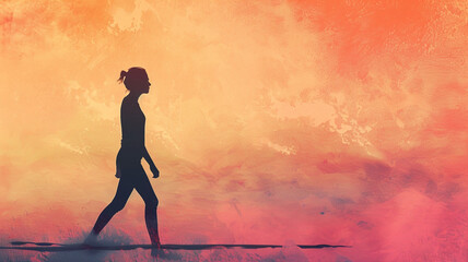 Silhouette of a woman walking at sunset isolated on a pastel background