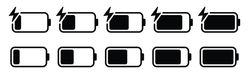 Poster - battery icon set. low to full battery level status indicator with charging symbol for mobile app, ui