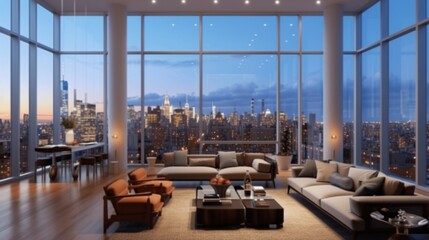 Sticker - apartment living room interior in New York city with big windows and city night view. AI Generative