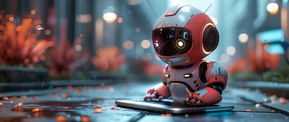 AI robot and laptop with gears on a blue background, Soft lighting, with a 3D rendered illustration in the style of a digital screen design concept for a website or app.