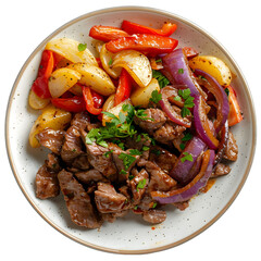 Lomo Saltado (Stir-Fried Beef) Food Dish top view isolated on a transparent background