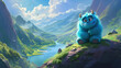 Cute fluffy monster on a magical landscape.