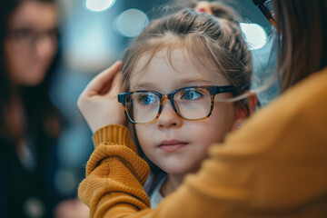 Wall Mural - An optician fits a young child with her first glasses - adjusting the frames to ensure clear vision and comfort