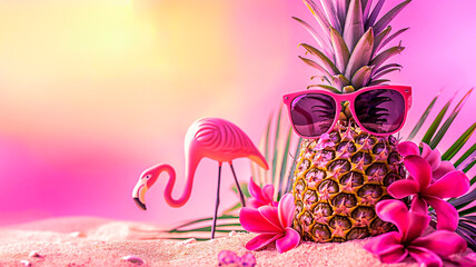 Pink summer background with copy space. Decorative summer elements on pink background. Pinapple flamingo and palm leaf on sand.